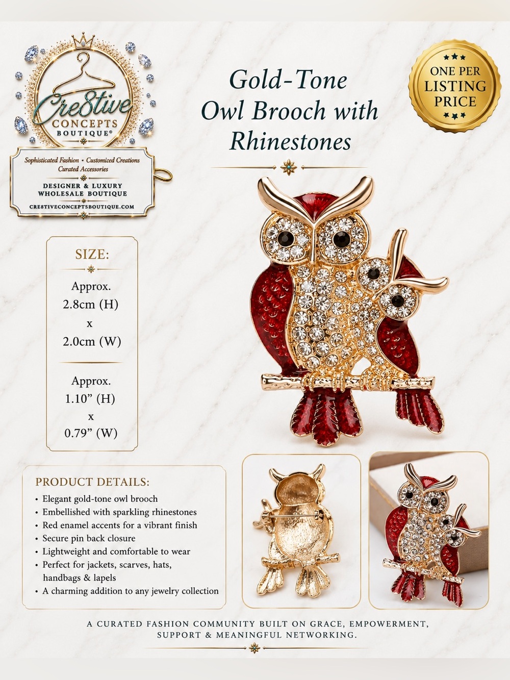 Gold-Tone Red Enamel Crystal Owl Brooch Pin